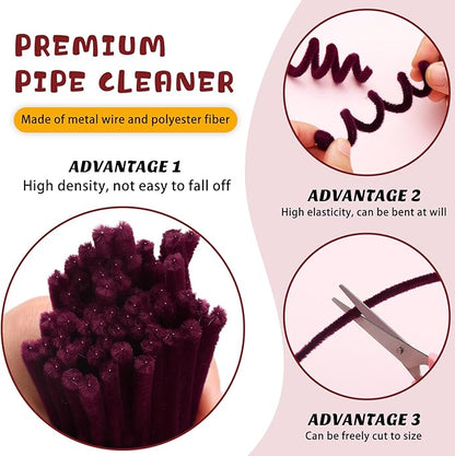 100 Pcs Pipe Cleaners, Wine Red Pipe Cleaners Bulk for Crafts Flowers, Bouquet Making, Chenille Stem for Home Festival Decorations (Burgundy)