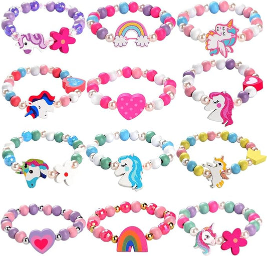12 Pcs Kids Bracelets for Toddlers Girls - Unicorn Party Favors Pinata Stuffers Birthday Goodies Bag Stuffers Fillers, Cute Wooden Beaded Bracelets Rainbow Heart Pendants Play Jewelry Gifts