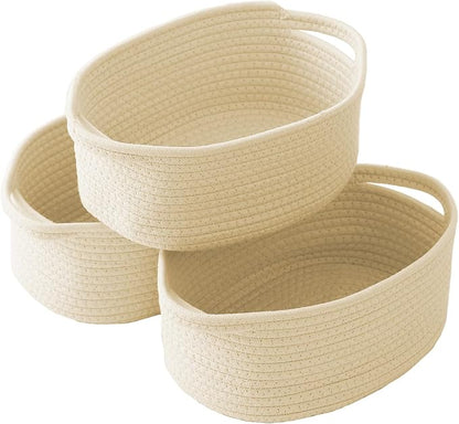 JMvicyroam Woven Basket,Small Rope Storage Bin with Handles & Ribbon Bag, Organizer for Shelves Closets,Gift Basket Empty for Birthday,Books,Dog Toys,Beige/3 Pack