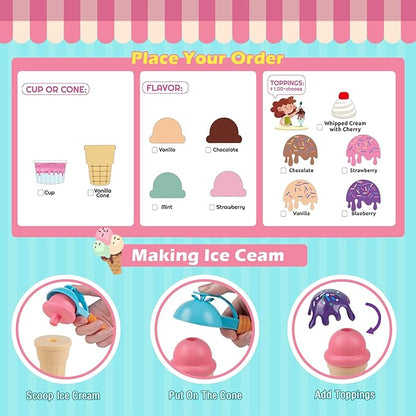 Ice Cream Counter Playset for Kids, Ice Cream Shop Toys, Pretend Play Toys, Play Food Scoop and Serve, Toddler Girls and Boys Ages 3+