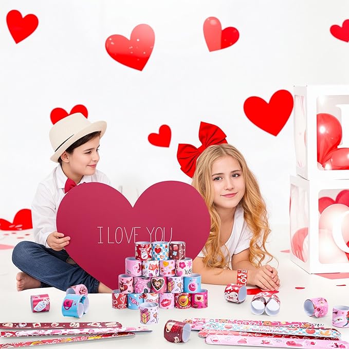 LovesTown 48PCS Valentines Day Slap Bracelets, Red Slap Wristbands Assorted Valentine Snap Bracelets for Kids Gift Exchange Valentine Party Favors