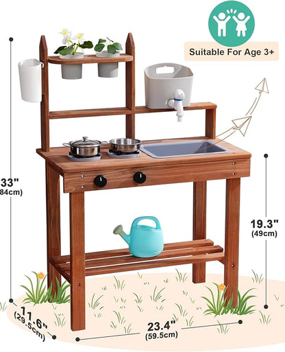 ROBUD Mud Kitchen for Kids Outdoor, Wooden Outdoor Play Kitchen, Kids Mud Kitchen with Removable Sink & Faucet, Monteeori Toys for Children Ages 3+ Years, WG404