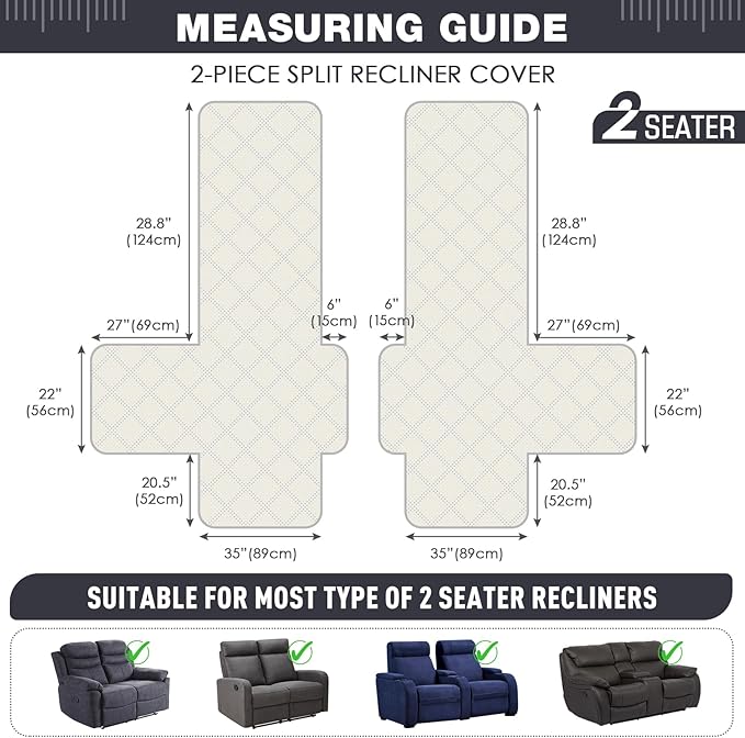 TAOCOCO 100% Waterproof Oversized Loveseat Recliner Cover, Non Slip Split Recliner Couch Covers for 2 Cushion Couch with Elastic Straps for Pets Kids(Oversized 2 Seater, Dark Grey)