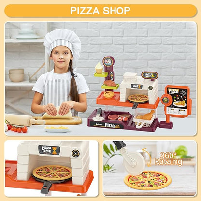 deAO Pretend Play Store Pizza Play Set for Kids, Realistic Pizza Pie Pretend Play Food,Slice and Serve Plastic Kitchen Cooking and Cutting Playset (Orange)