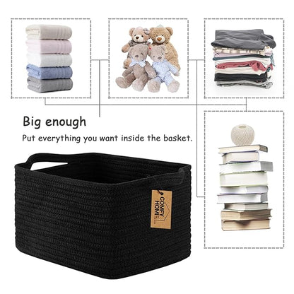 COMFY-HOMI 3PACK Cotton Rope Woven Basket With Handles for Shelves, Toy, Book, Cloth Storage Basket for Organizing|13.5" x 11" x 9.5" For Living Room（all Black）