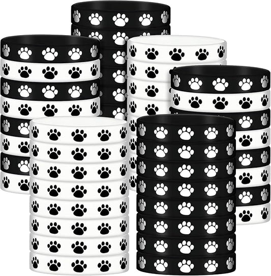 Funtery 100 Pcs Paw Print Rubber Bracelet Silicone Stretch Wristbands Dog Paw Silicone Bracelet Rubber Wristbands Dog Party Favors Birthday Party Supplies Decorations(Black, White)