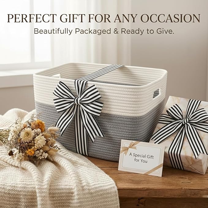 JMvicyroam Woven Blanket Basket,96L Large Storage Bin for Blankets Toys Clothes,Decorative Rope Basket for Living Room Bedroom with Handles, White&Grey