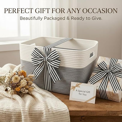 JMvicyroam Woven Blanket Basket,96L Large Storage Bin for Blankets Toys Clothes,Decorative Rope Basket for Living Room Bedroom with Handles, White&Grey