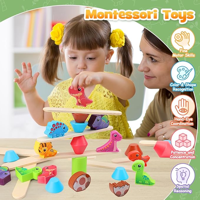 Montessori Dinosaur Toys for 1 2 3 4 Year Old Toddlers, Early Education Toys for Ages 2-4 Boys Girls Kids, Wooden Dinosaur Blocks Sorting & Stacking & Balance Toys, Ideal Preschool Birthday Gift