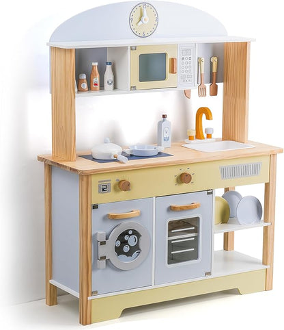 Kitchen Playset for Kids Ages 3-8, Wooden Pretend Play Kitchen with Cooking Accessories, Dimensions: 38” H x 31” W x 12” D