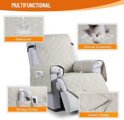VANSOFY 100% Waterproof Recliner Chair Covers, Recliner Cover Non-Slip Dog Chair Cover Furniture Protector Washable Slipcover with Pocket, Elastic Straps for Pets, Dogs(Beige, 28")