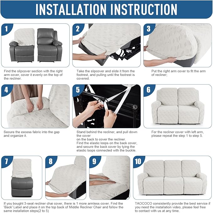 TAOCOCO Recliner Sofa Covers Stretch Reclining Couch Cover, Jacquard Recliner Couch Cover for 3 Seat Furniture Protector Sofa Slipcovers with Elastic Bottom for Kids, Pets (Cream White)