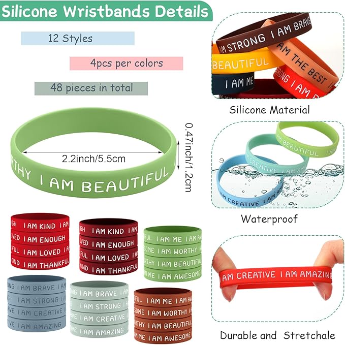 Sratte 48 Pcs Inspirational Silicone Wristbands Rubber Stretch Unisex Bracelets Student Gift Stocking Suffers for Class(Classic Color)