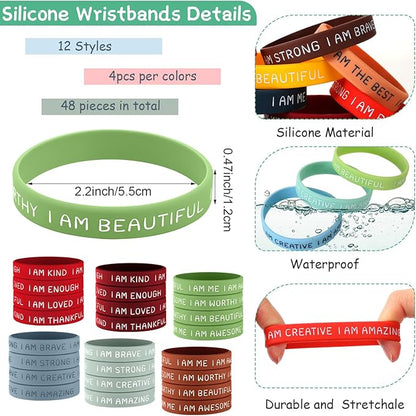 Sratte 48 Pcs Inspirational Silicone Wristbands Rubber Stretch Unisex Bracelets Student Gift Stocking Suffers for Class(Classic Color)