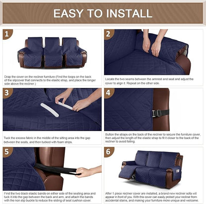 KinCam Waterproof Recliner Sofa Cover, Non-Slip Reclining Couch Covers for 3 Seat, Recliner Couch Cover Furniture Protector with Elastic Straps for Pets, Kids, Dark Blue