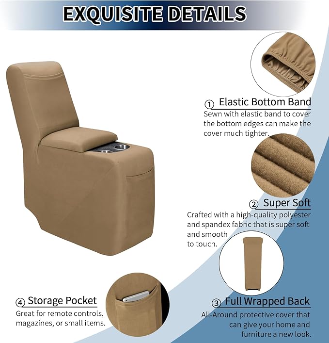 PureFit Recliner Console Cover for Reclining Couch Covers, Super Stretch Middle Console Slipcovers for Recliner Sofa Cover, Furniture Protector for Kids Pets with Pockets&Elastic Bottom, Camel