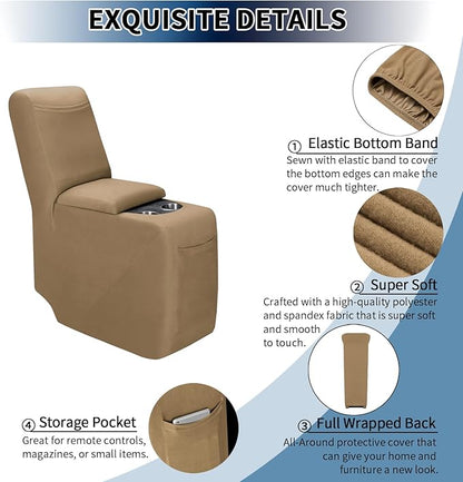 PureFit Recliner Console Cover for Reclining Couch Covers, Super Stretch Middle Console Slipcovers for Recliner Sofa Cover, Furniture Protector for Kids Pets with Pockets&Elastic Bottom, Camel
