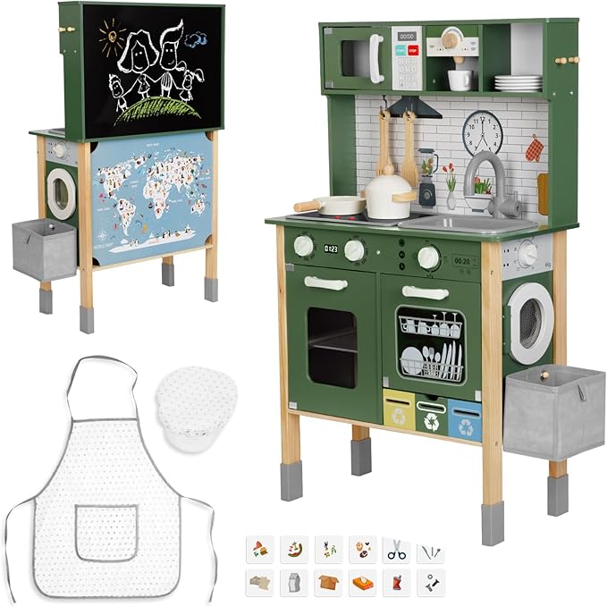 Kids Kitchen Playset for Toddlers 3-5 Years, Wooden Play Kitchen for Toddlers with Coffee Maker, Microwave, Dishwasher and Washing Machine