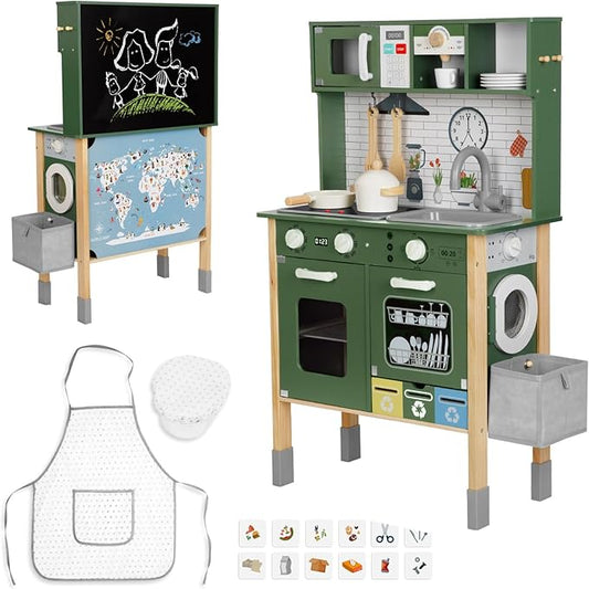 Kids Kitchen Playset for Toddlers 3-5 Years, Wooden Play Kitchen for Toddlers with Coffee Maker, Microwave, Dishwasher and Washing Machine