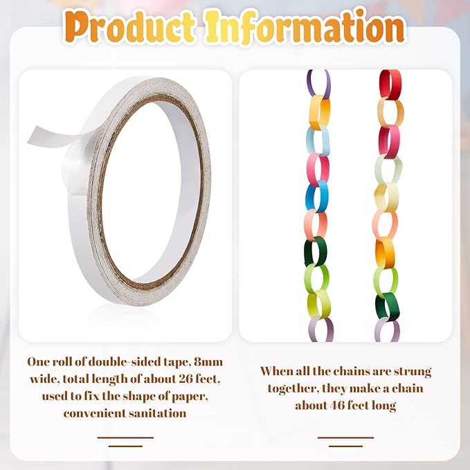 Nezyo 240 Sheets Bright Paper Chain Strips Construction Paper About 46 Feet in Total Length 1 x 8 Inch Assorted Colors DIY with 1 Roll Double Sided Tape