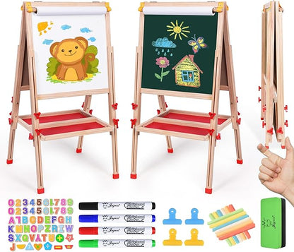 Joyooss Art Easel for Kids Easel, Kids Easel for Painting Wooden Whiteboard & Chalkboard Kids Art Easel, Toddler Art Easel One Get Many Kids Easel with Paper roll Art Easel for Kids Ages 2-4 4-8 8-12