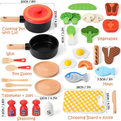 Atoylink Wooden Kids Kitchen Playset 44 Pcs Play Kitchen Accessories with Cookware, Pot, Vegetable, Fish, Play Food Set, Toddler Kitchen Toys Pretend Play Toy Gift for Kids Boys Girls Aged 3+