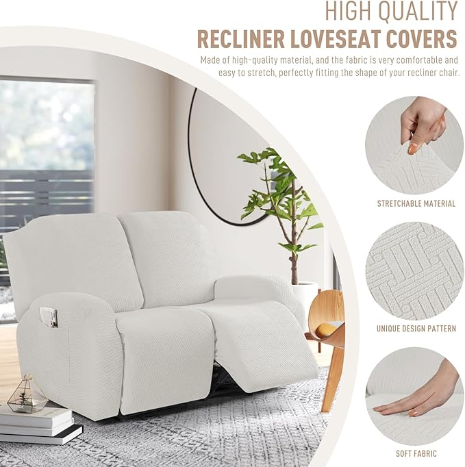 KinCam Recliner Covers, Stretch Reclining Chair Covers, Recliner Sofa Slipcovers Stripe Jacquard Recliner Couch Covers Furniture Protector Covers for Pet Kid (2 Seater, Cream)