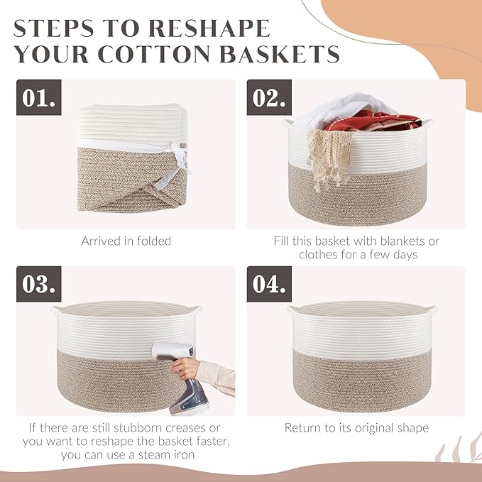 Throw Blanket Basket for Living Room, Extra Large Cotton Rope Basket for Storage, Woven Laundry Towel Hamper with Handles, Baby Toy Storage, 22" x 22" x 14" Pillow Bin