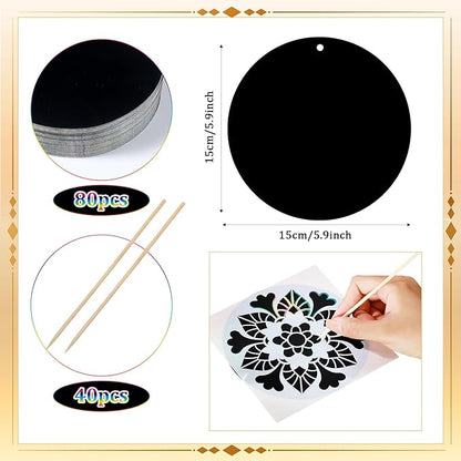 48 Pieces Mandala Scratch Cards Rainbow Xmas Scratch Paper for Kids DIY Round Ornaments with Drawing Stencils Wooden Stick and Ribbon Suitable Hobby for Adults, Kids, Teens and Seniors