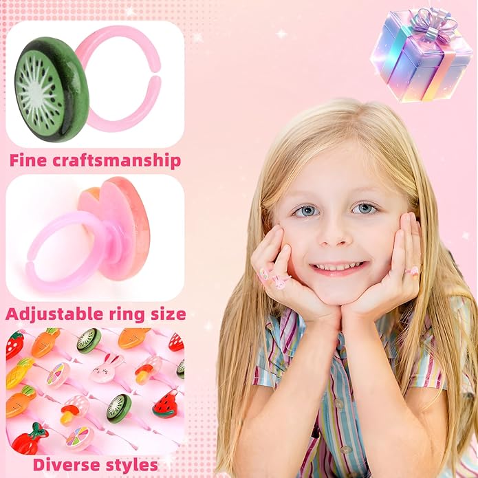 Little Girl Jewel Rings, Adjustable Pink Rings Girls Kids Pretend Play and Dress up Jewelry Set, Cute Rings with Display Case Party Favors Toys Gifts