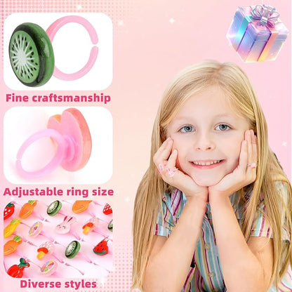 Little Girl Jewel Rings, Adjustable Pink Rings Girls Kids Pretend Play and Dress up Jewelry Set, Cute Rings with Display Case Party Favors Toys Gifts