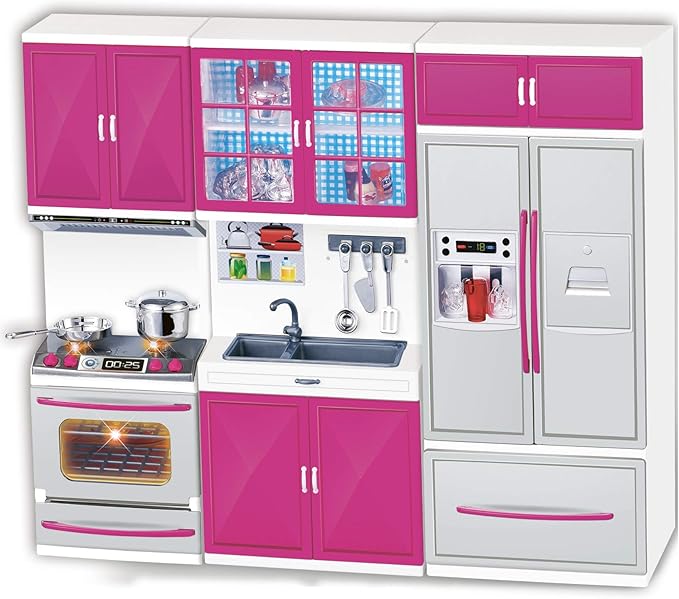 Liberty Imports Doll Kitchen Playset for Kids, My Modern Mini Kitchen House Furniture Pretend Play Toy Accessories Set with Realistic Lights & Sounds for Toddlers, Girls (3-in-1)