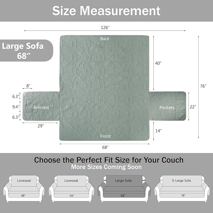 Sage Green Quilted Sofa Cover, Anti-Slip Medallion Designed Couch Covers for 3 Cushion Couch, Sofa Slipcovers for Dogs Cats Water-Repellent, Machine Washable (Large Sofa 68", Sage Green)