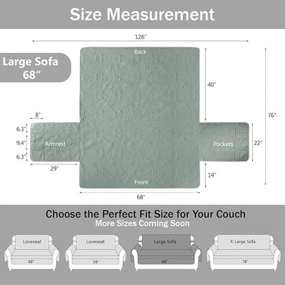Sage Green Quilted Sofa Cover, Anti-Slip Medallion Designed Couch Covers for 3 Cushion Couch, Sofa Slipcovers for Dogs Cats Water-Repellent, Machine Washable (Large Sofa 68", Sage Green)