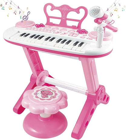 Kids Piano Keyboard Toys, 31-Keys Piano for Toddler Ages 3-5-9, Educational Toys with Microphone, Stool, Portable Multifunction Electronic Musical Instrument, 3+Year Old Girls Birthday Gift Ideas-Pink