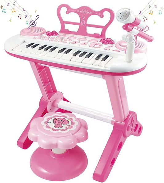 Kids Piano Keyboard Toys, 31-Keys Piano for Toddler Ages 3-5-9, Educational Toys with Microphone, Stool, Portable Multifunction Electronic Musical Instrument, 3+Year Old Girls Birthday Gift Ideas-Pink
