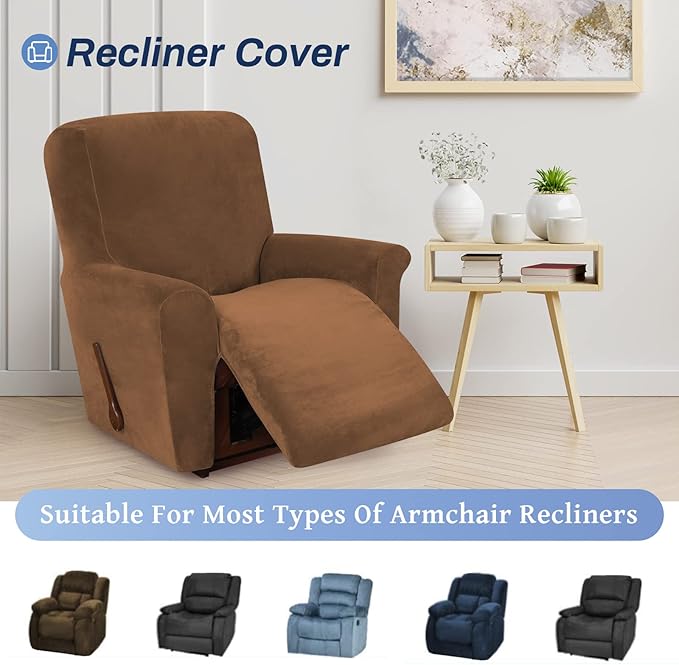 WEERRW Velvet Recliner Chair Cover 1 Piece High Stretch Recliner Couch Cover, Washable Furniture Protector with Non Slip Elastic Bottom for Kids and Pets, Camel