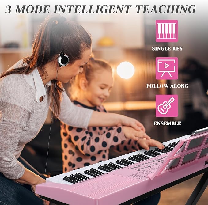 Ktaxon 61 Key Keyboard Piano Electric Keyboard, Electric Piano Set with Headphones, Microphone, Music Rest, Power Adapter, Piano Stand, Piano Bench and Manual (Compact X Stand-Pink w/Lighted Keys)