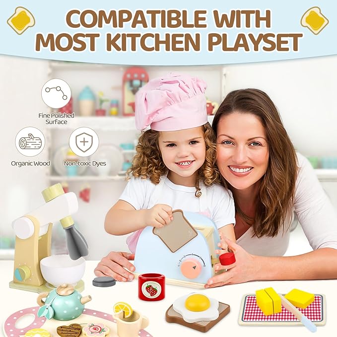 Airlab Play Kitchen Accessories Toddlers 1-3 Wooden Pop-up Toaster Toy Play Food Kids Age 1 2 3, Bread, Butter, Poached Egg Cutting Pretend Toys for 2-4 Year Old Toddlers Boys Girls