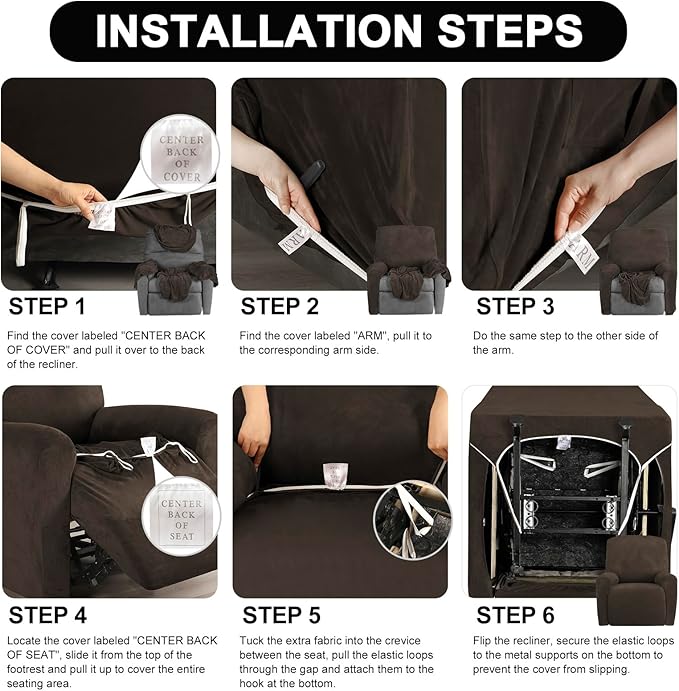 FestiCorp Recliner Chair Covers Real Velvet 4-Pieces Recliner Covers for Small Lazy Boy Recliner Chair Stretch Recliner Sofa Slipcovers Furniture Protector with Side Pocket & Elastic Bottom, Brown