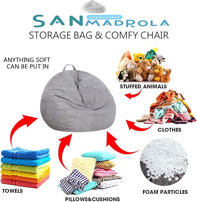 Stuffed Animal Storage Bean Bag Chair Cover (No Filler) for Kids and Adults.Soft Premium Corduroy Stuffable Beanbag for Organizing Children Plush Toys or Memory Foam Extra Large 300L (Grey)
