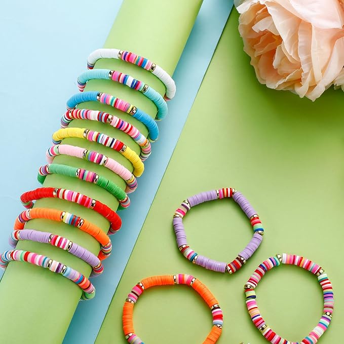 Sureio 24 Pcs Colorful Friendship Bracelets Letter Heart Smile Bracelets Surfer Bracelets Stretch Beaded Bracelet for Women Party Favors(Cute Style)