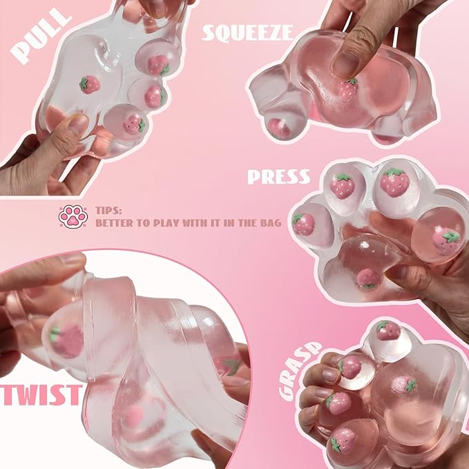 Large Cat Paw Taba Squishy Big Squeeze Toys 5-inch Strawberry Pink Cute Fufu Squishy Sensory Stress Relief Fidget Toys for Party Favors Sensory Anxiety Toys for Adults (Strawberry)