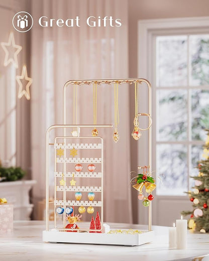 ProCase Jewelry Stand Holder Organizer, Jewelry Display Storage with Ring Tray, Rotating Earring Bracelet Necklace Holder, Valentine's Gifts Room Dorm Decor for Teen Girls -Champagne (No-Assembly)