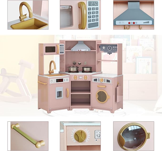 TaoHFE Play Kitchen with Lights and Sounds Pink Kids Kitchen Toddler Kitchen Set with Washer Chalkboard Wooden Kitchen Kids Playset with Washing Machine Range Hood Girls Boys Gift for Ages 3+