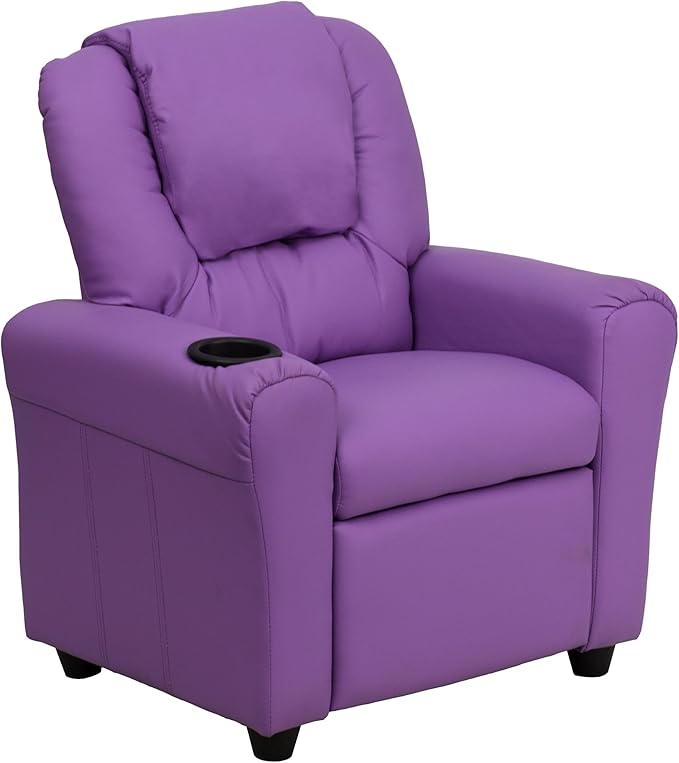 Flash Furniture Vana Vinyl Kids Recliner with Cup Holder, Headrest, and Safety Recline, Contemporary Reclining Chair for Kids, Supports up to 90 lbs., Lavender
