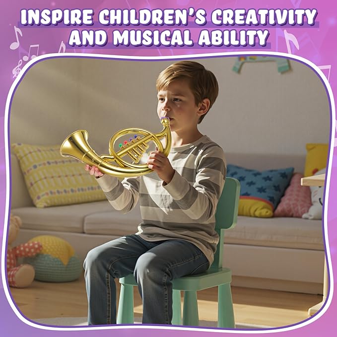 Lewtemi Gold Horn Musical Instruments Toy for Kid Toddler Fake Plastic Preschool Music Toy Gift Portable Wind Instrument Early Educational Teaching Songs Gifts for Toddlers Children