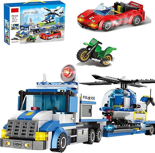 City Police Car, Motorcycle,Truck and Trailer&Helicopter Building Block Sets(509pcs),Police Chase Toy Set,Gift for Kids and audlts
