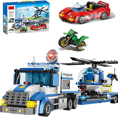 City Police Car, Motorcycle,Truck and Trailer&Helicopter Building Block Sets(509pcs),Police Chase Toy Set,Gift for Kids and audlts