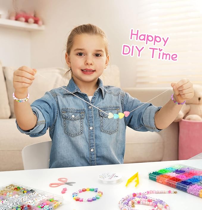 Dowsabel Clay Beads 7500 Pcs Friendship Bracelet Making Kit,2 Boxes 24 Colors Polymer Heishi Beads with Letter Beads for Jewelry Making, DIY Arts and Crafts Gifts Toys for Girls Age 4+